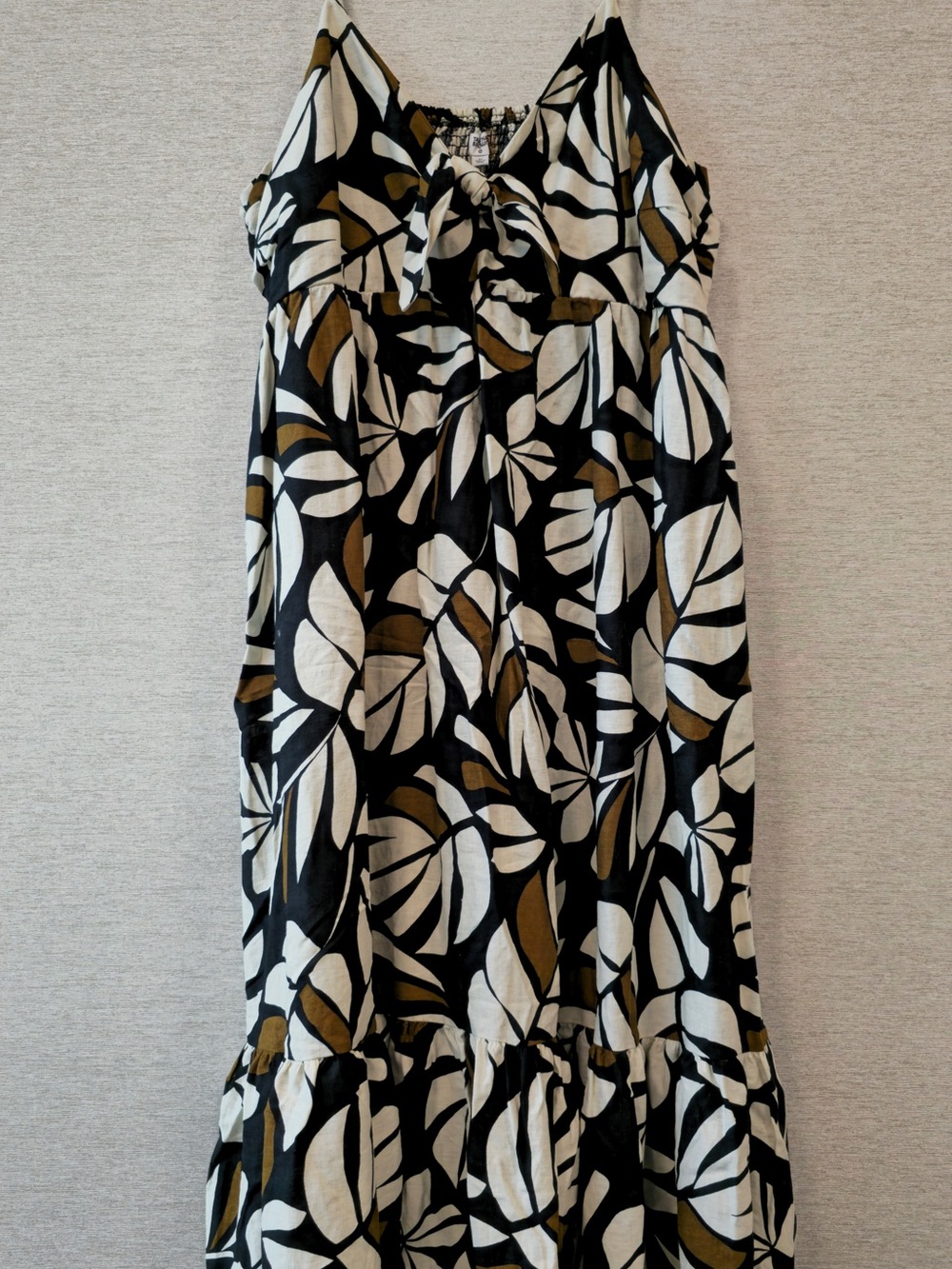 Leaf-Print Black, White & Olive Maxi Dress with Front Tie